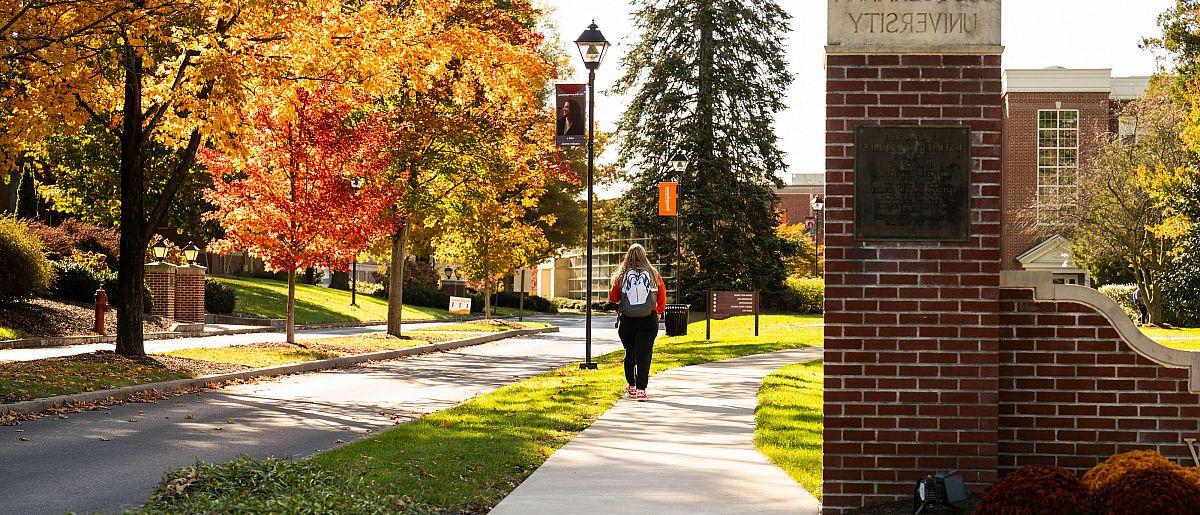 Image of university's front entrance with brick pillars in the fall season. 学生 walking away from camera on sidewalk.